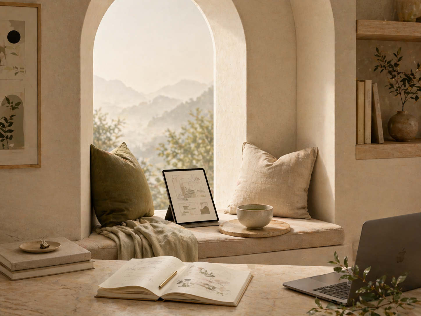 A serene arched workspace with a laptop, open notebook, plants, and warm natural light